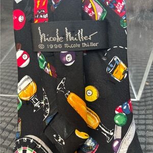 Vintage 1996 Nicole Miller Black Silk Tie with Beer/Billiards/ Darts Design